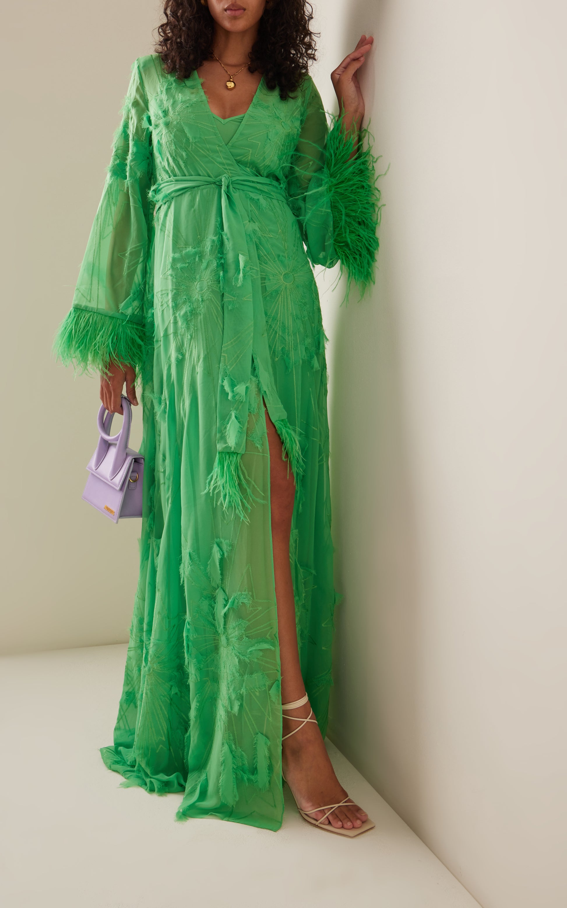 Feather-trim Voile Maxi Dress