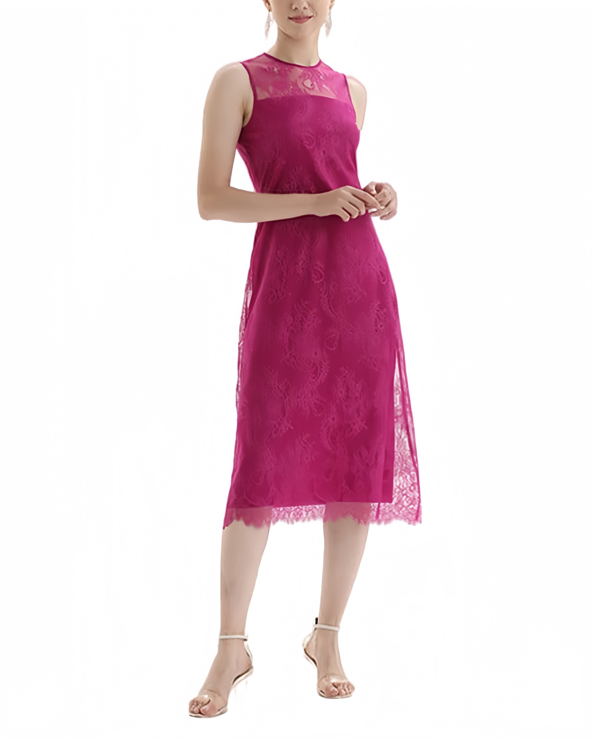 Floral Lace Sleeveless Straight-cut party midi dress